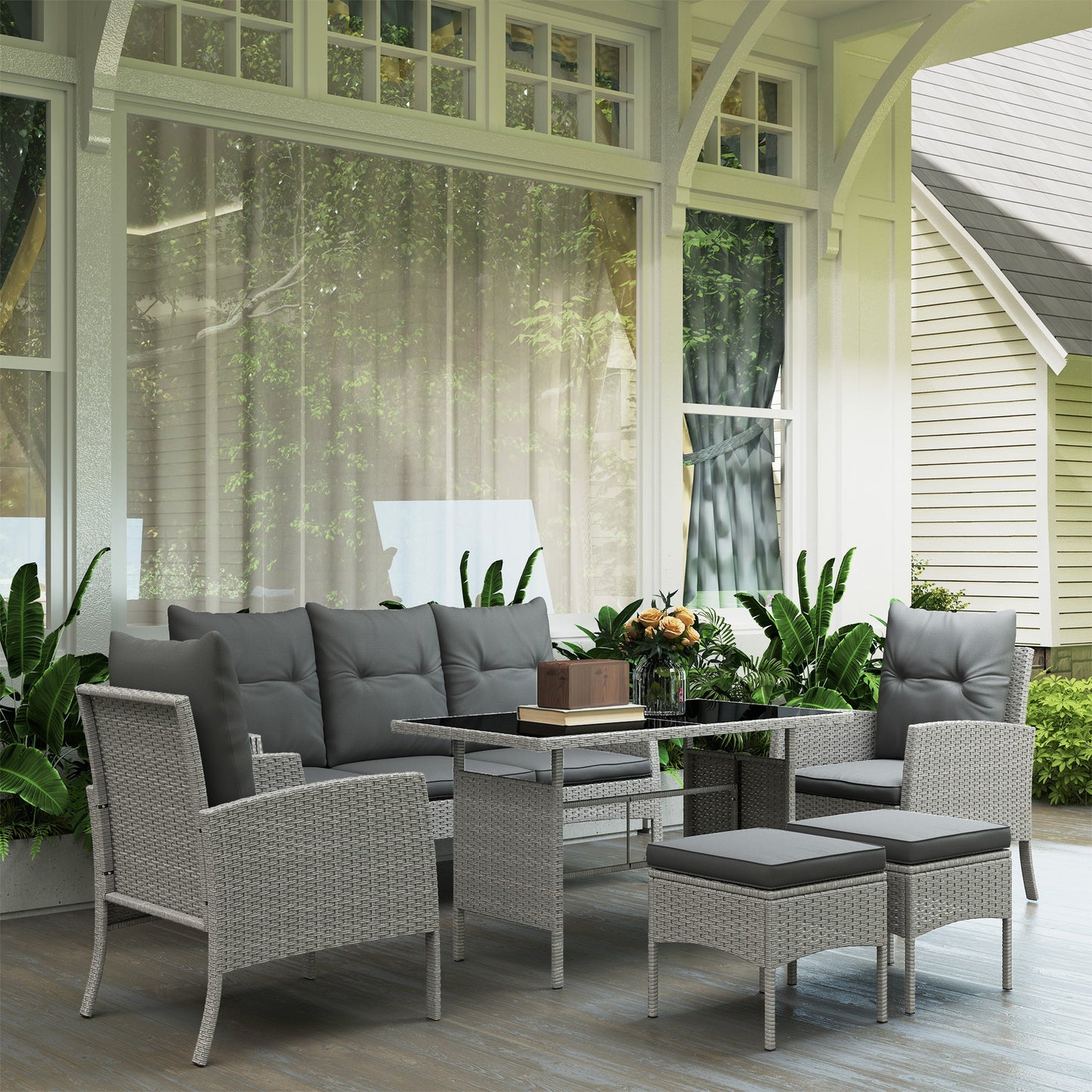 Outsunny 5 Seater Rattan Garden Furniture Set, 2 Armchairs, 3-Seater Wicker Sofa, 2 Footstools and Glass Table, 6 Piece Patio Rattan furniture Sofa Sets with Cushions for Conservatory, Grey