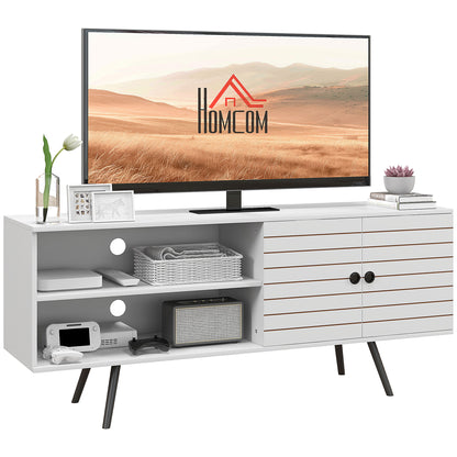 HOMCOM TV Stand with Cupboard, Open Shelves, Striped Doors, Wooden legs, White