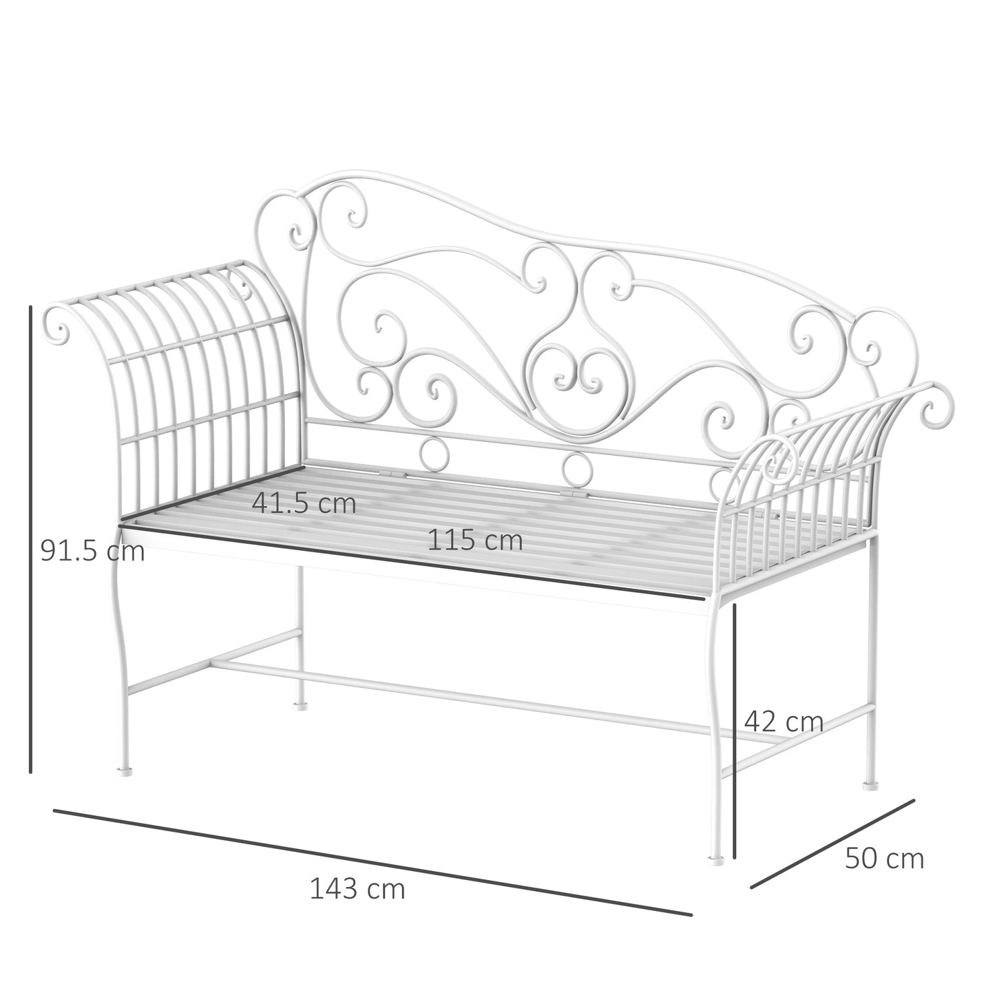 Outsunny Garden 2 Seater Metal Bench Outdoor Seating Furniture Chair w/Decorative Backrest White