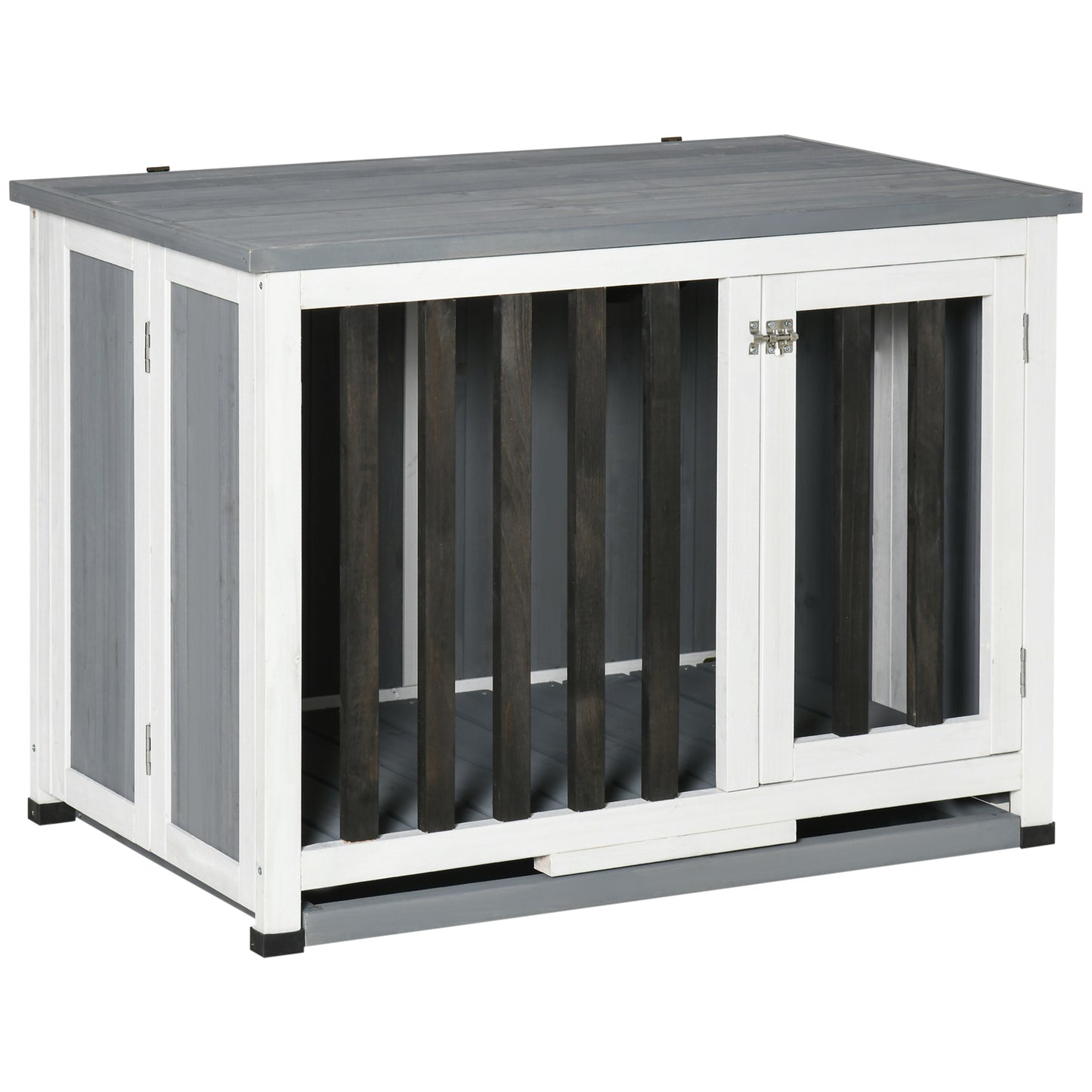 PawHut Wooden Dog Crate Foldable Dog Cage Kennel End Table with Removable Tray for Small Medium Pets Grey 85 x 51 x 61 cm