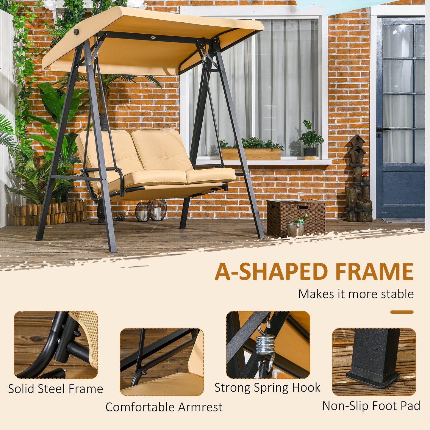 Outsunny 2 Seater Garden Swing Chair with Adjustable Tilting Canopy, Outdoor Hammock Bench with Steel Frame for Patio, Beige