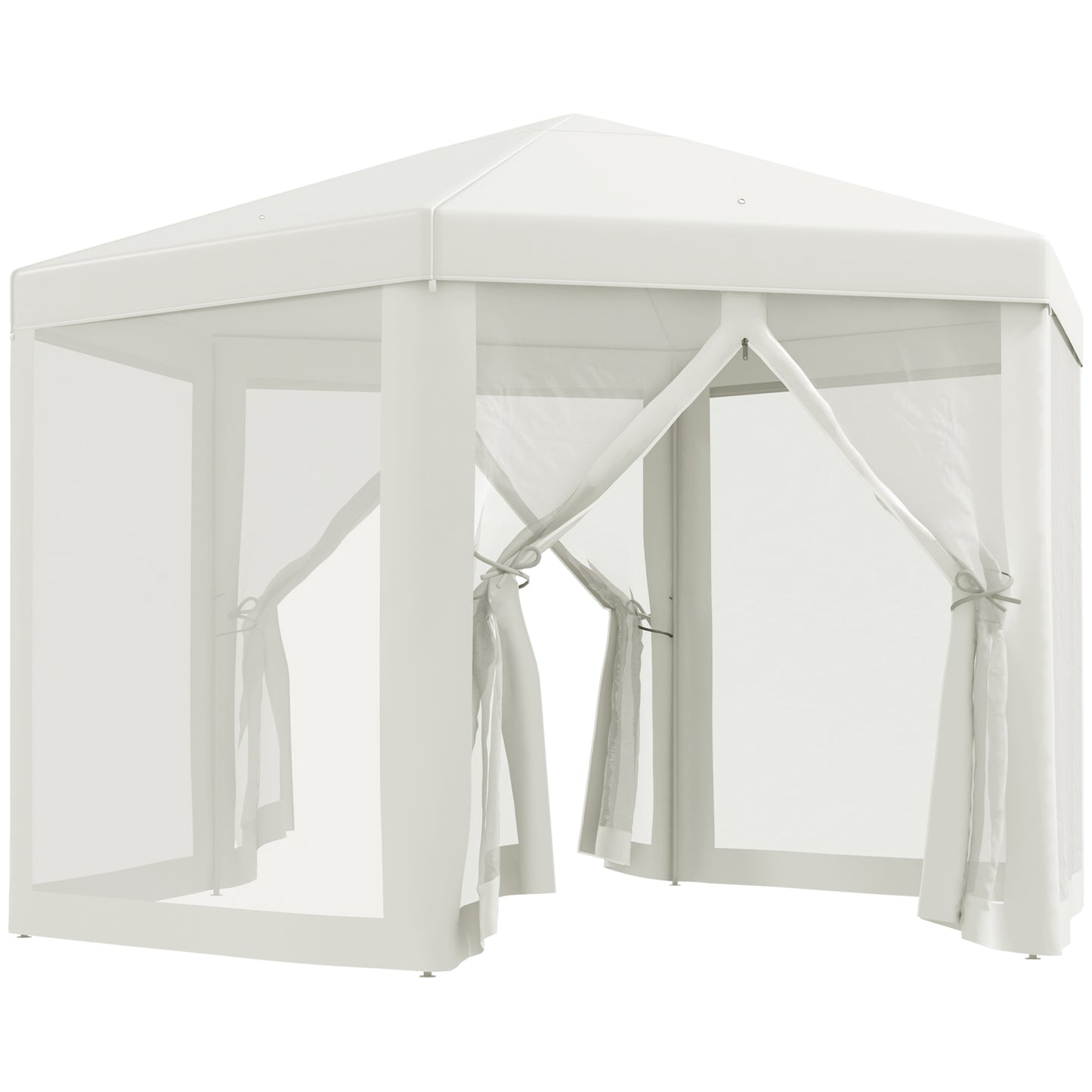 Outsunny 4M Hexagon Gazebo, Netting Party Tent Patio Canopy Outdoor Event Shelter for Activities, Shade Resistant, Cream White