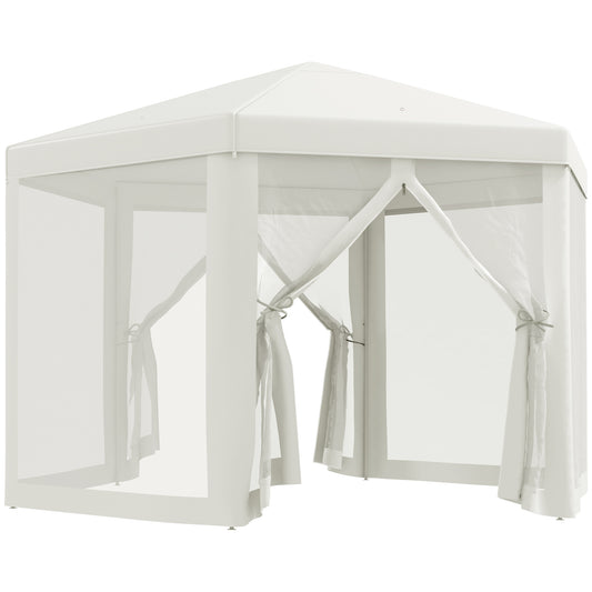 Outsunny 4M Hexagon Gazebo, Netting Party Tent Patio Canopy Outdoor Event Shelter for Activities, Shade Resistant, Cream White