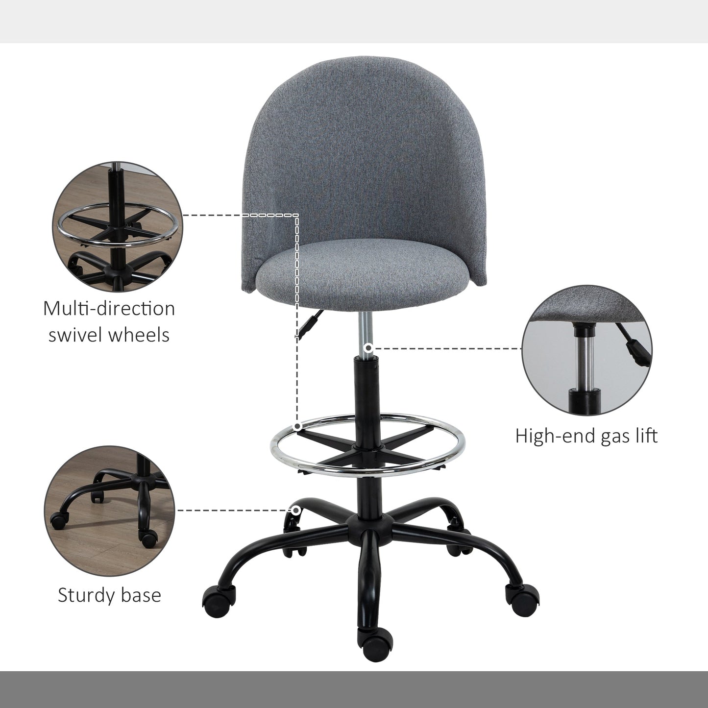 Vinsetto Ergonomic Drafting chair Adjustable Height w/ 5 Wheels Padded Seat Footrest 360√Ç¬∞ Swivel Freely Comfortable Versatile Use For Home Office - Grey