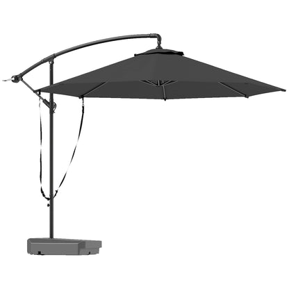 Outsunny 3(m) Garden Cantilever Parasol with Fillable Base, Wind Protection Strap, Cover, Round Banana Hanging Umbrella with Crank Handle and Tilt, Patio Umbrella for Outdoor Sun Shade, UPF50+, Grey