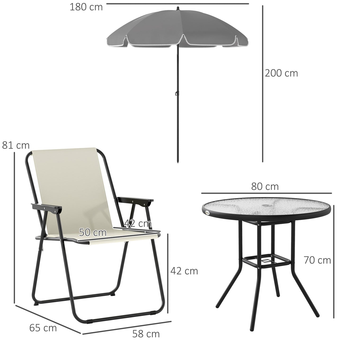 Outsunny 4 Seater Garden Furniture Set, 6 Pieces Garden Table and Chairs with Parasol, Outdoor Garden Dining Set with Folding Chairs and Round Glass Top Table for Patio, Cream White