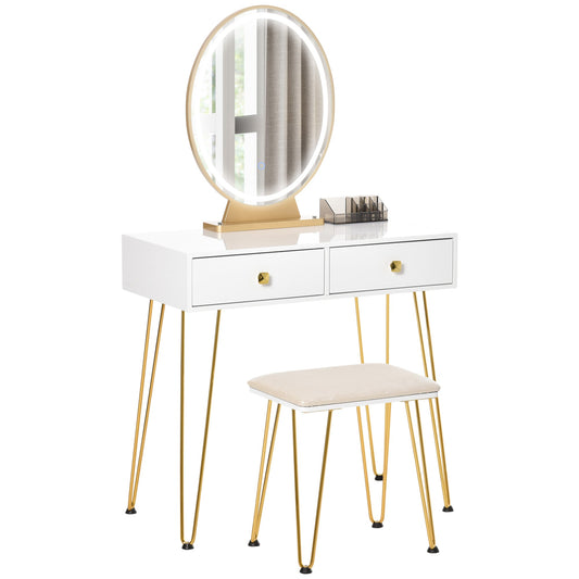 HOMCOM Dressing Table Set with LED Light, Round Mirror, Vanity Makeup Table with 2 Drawers and Cushioned Stool for Bedroom, White