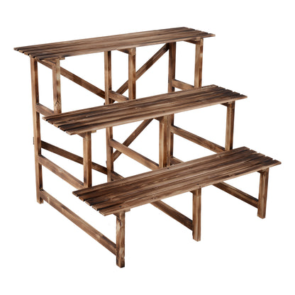 Outsunny 3 Tier Outdoor Plant Stand, Wood Ladder Shelf, Flower Pot Display Rack for Garden Backyard