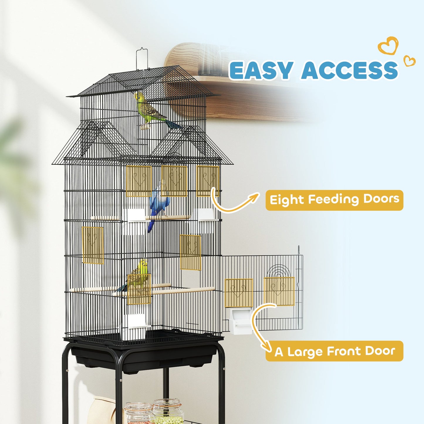 PawHut Metal Bird Cage with Plastic Swing, Perch, Food Container, Tray, Handle, for Finches, Canaries, Budgies, 43 x 32.5 x 163