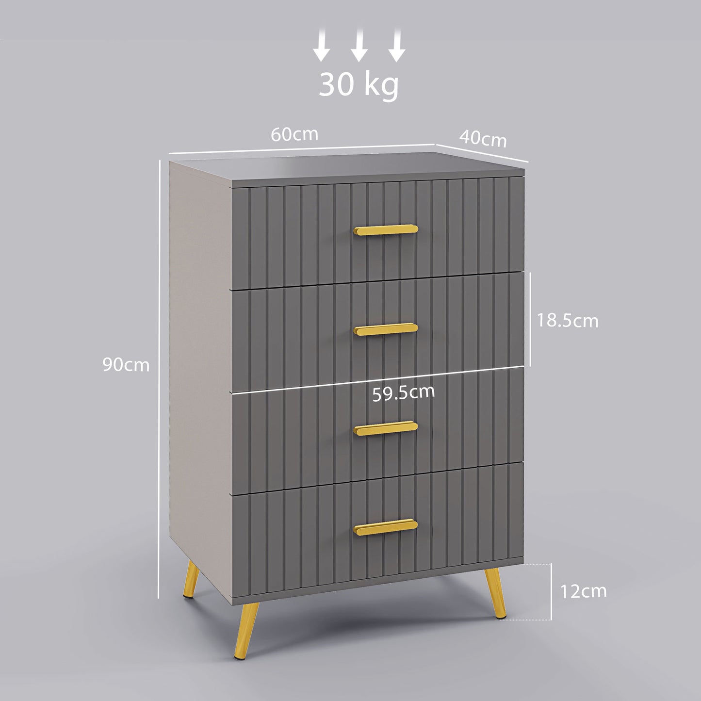 HOMCOM Four Drawer Embossed Line Dresser - Grey/Gold Tone