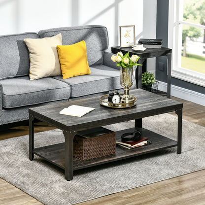 HOMCOM Rustic Coffee Table, Centre Table with Storage Shelf and Steel Frame, Coffee Tables for Living Room, Dark Walnut