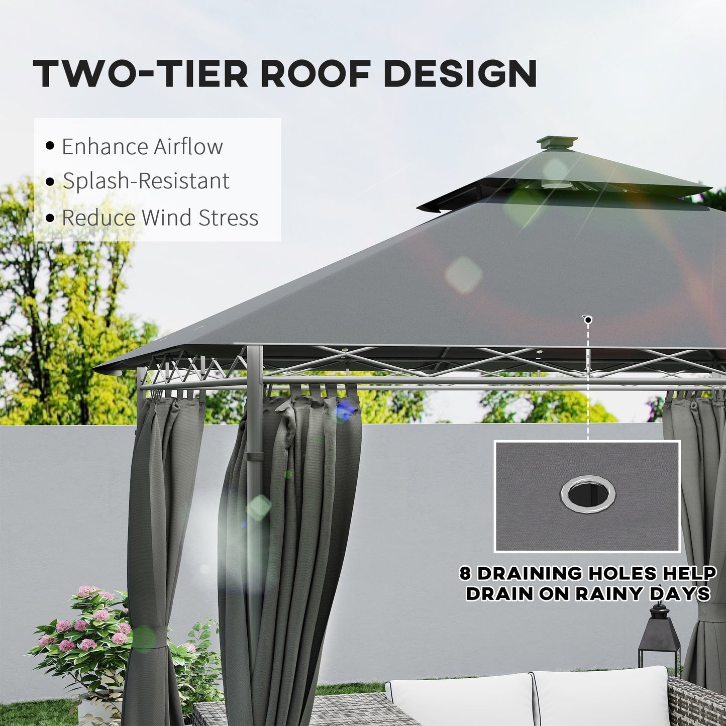 Outsunny 3 x 3 m Garden Gazebo, Double Roof Metal Gazebo with Curtains and Solar-Powered LED Lights, Outdoor Gazebo Canopy Shelter for Patio, Deck, Dark Grey