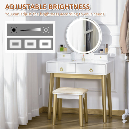 HOMCOM Dressing Table Set with Mirror, Built-in 3 Color LED Light, Vanity Makeup Table with 4 Drawers and Cushioned Stool for Bedroom, White