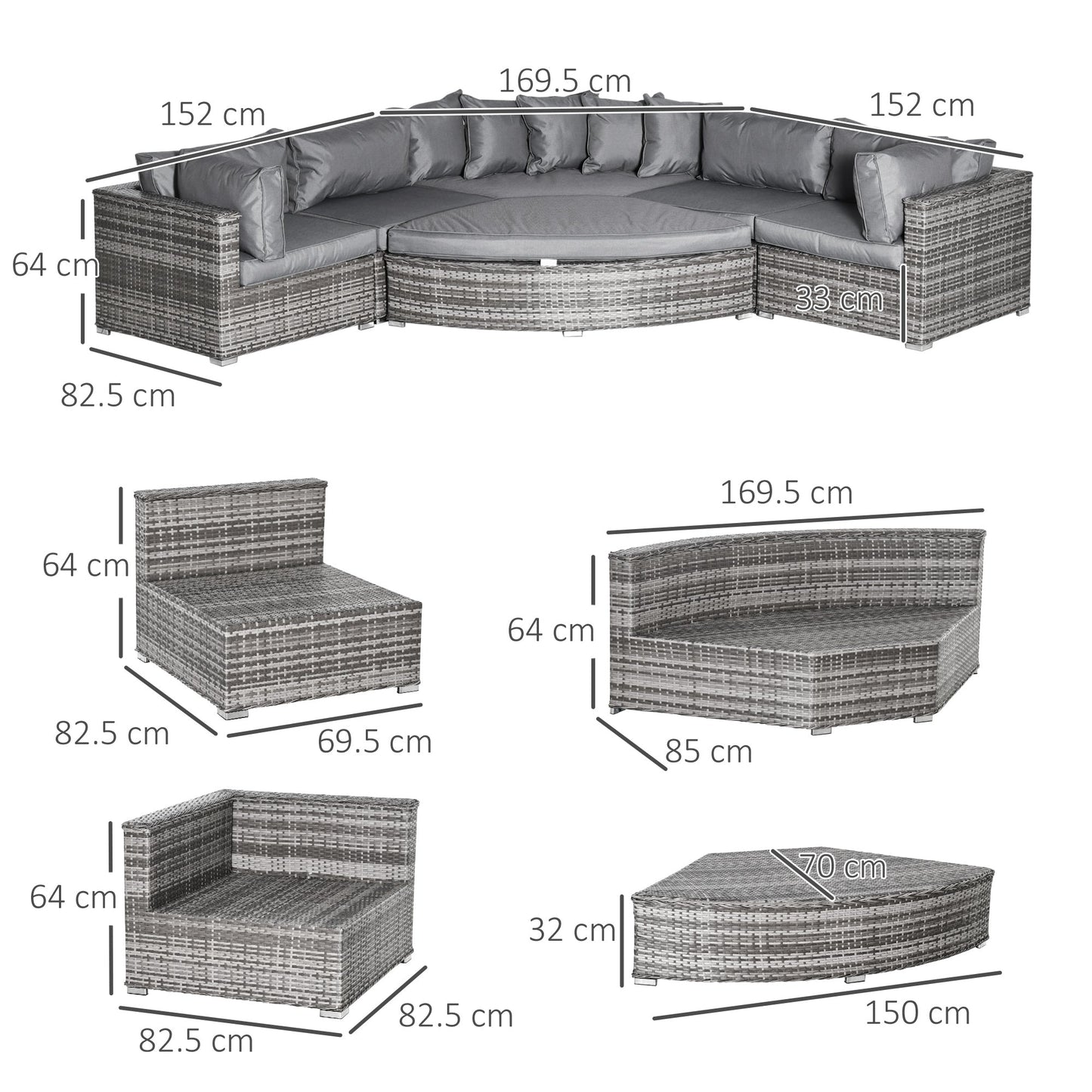 Outsunny 6 Pieces Outdoor PE Rattan Wicker Sofa Set with 10cm Thick Padded Cushionsand Half Round Patio Conversation Furniture Set with Angled Corner Designand Ottomansand and Back Pillows, Grey