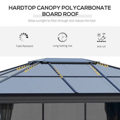 Outsunny 3.6 x 4m Hardtop Gazebo Canopy with Polycarbonate Roof, Aluminium Frame, Permanent Pavilion Garden Gazebo with Netting and Curtains for Patio, Deck, Dark Grey