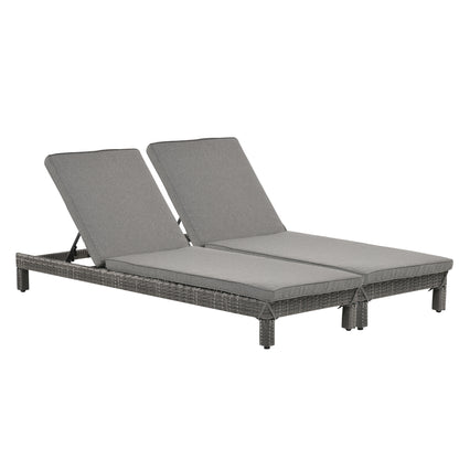 Outsunny 2 Seater Rattan Sun Lounger Set w/ Adjustable Steel Frame-Grey