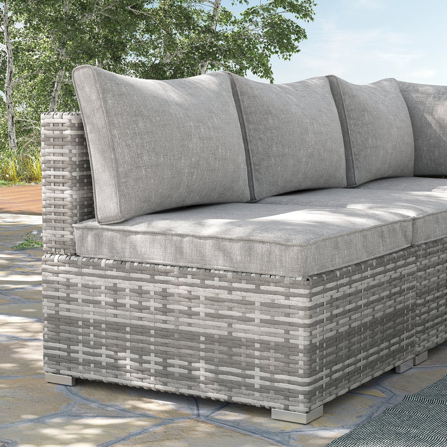 Outsunny Outdoor PE Rattan Furniture with Cushions, Garden Armless Chair with Adjustable Footpads and Back Support Cushion, for Garden, Yard, Terrace, Light Grey