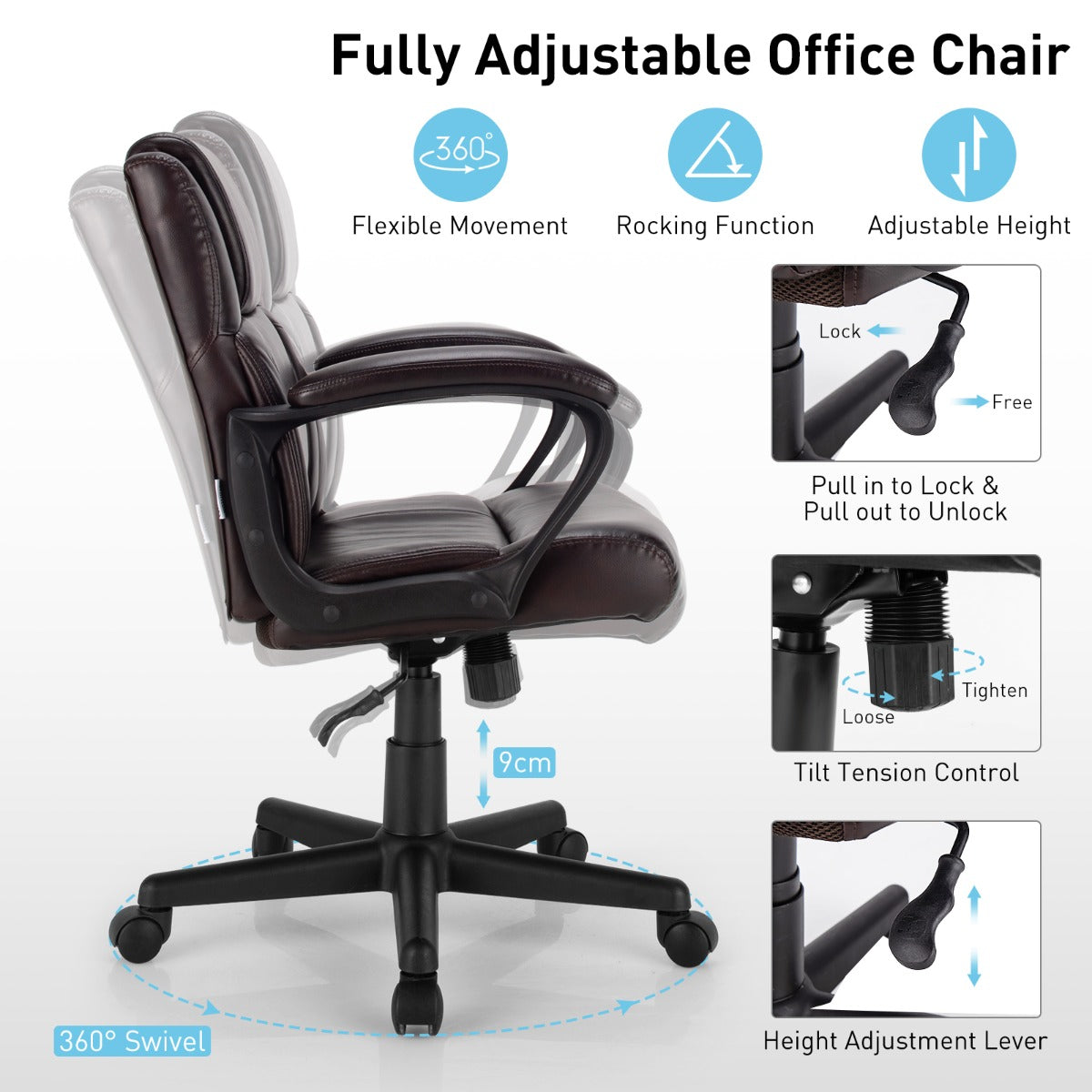 Modern Mid-Back PU Leather Office Chair with Adjustable Height