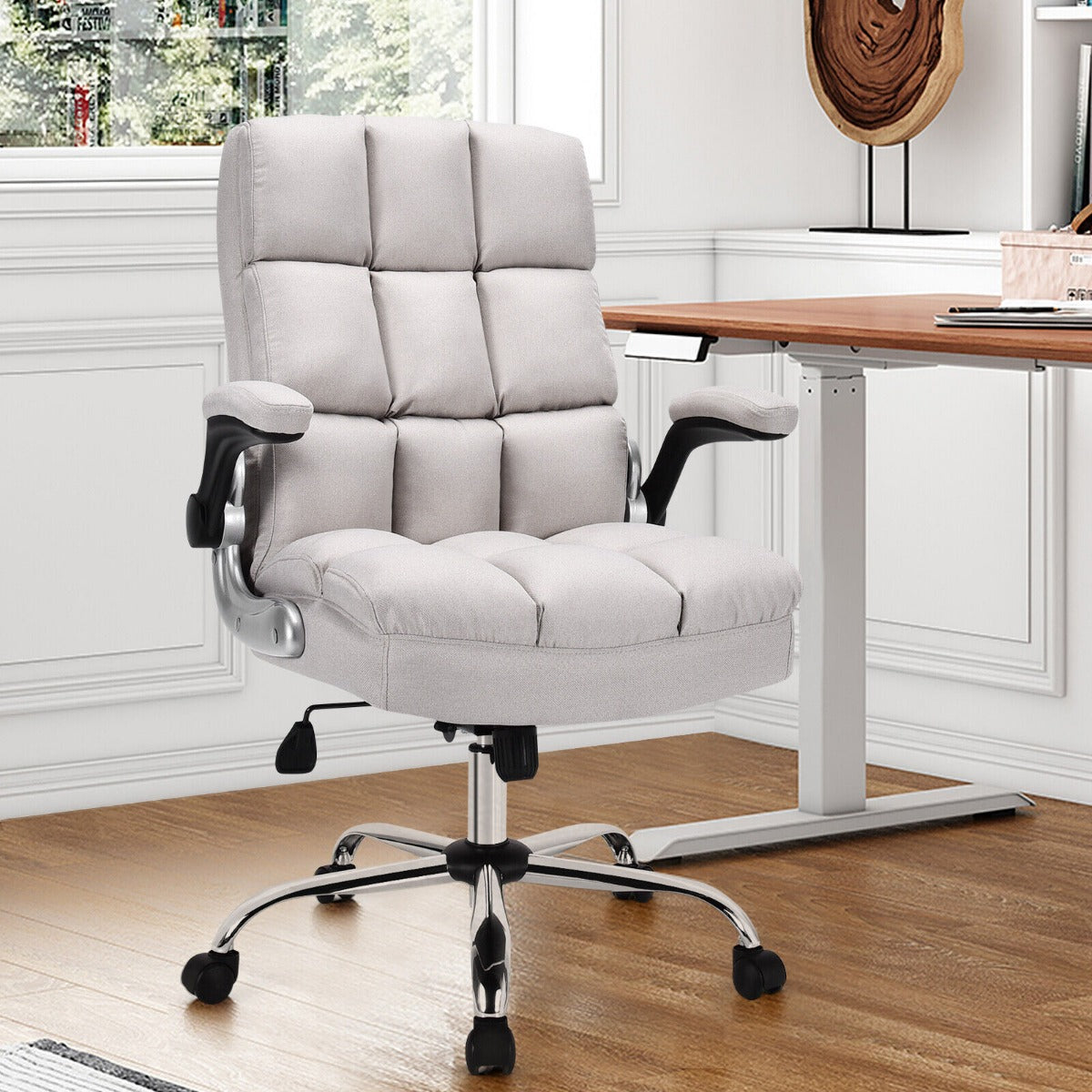 Linen Upholstered Executive Chair with Ergonomic High Back for Home Office-Beige