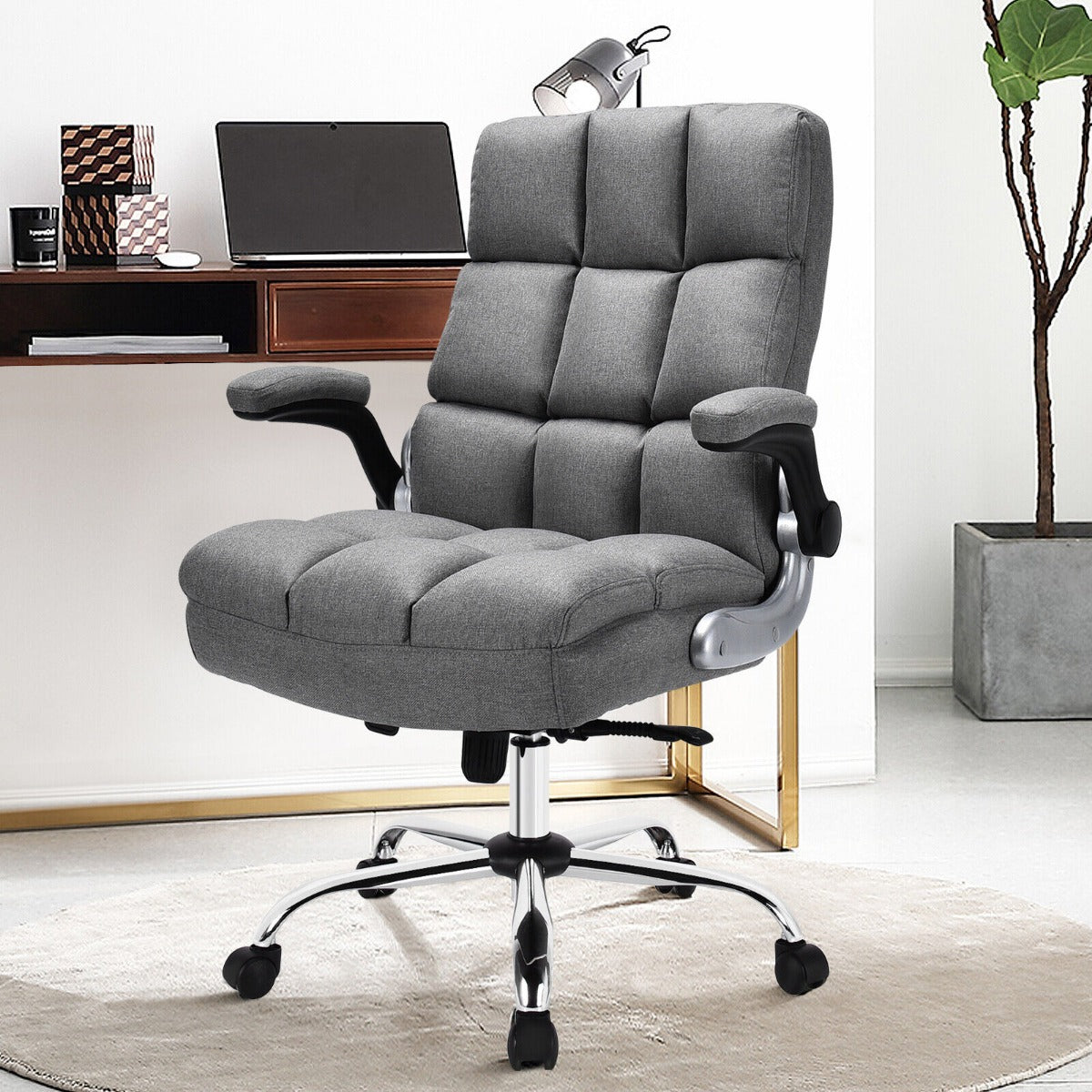 Linen Upholstered Executive Chair with Ergonomic High Back for Home Office-Grey