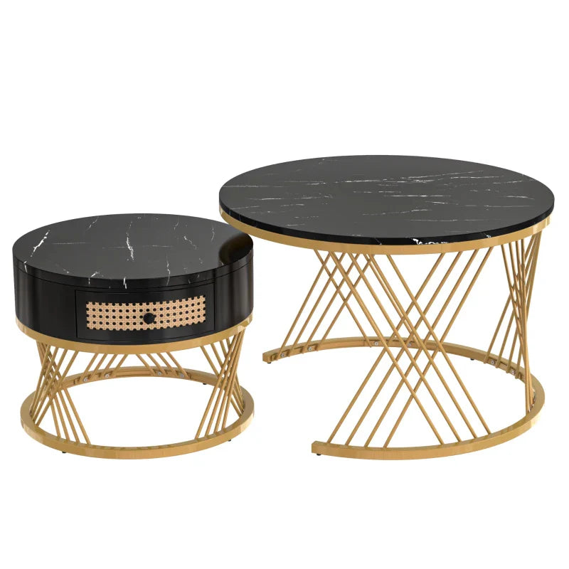 2-in-1 Marble Coffee Table Set with Marble Grain Veneer Top, Rattan Drawers, and Solid Wood Handles, Gold Iron Legs, 70x70x45.5 cm + 50x50x38.5 cm, Black+Gold