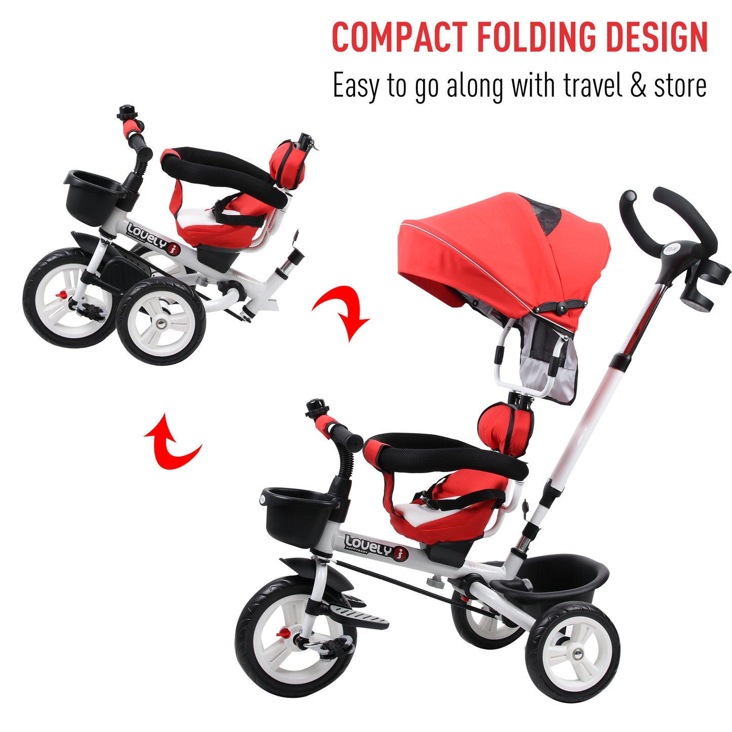 HOMCOM 4 in 1 Tricycle for Kids Toddler Folding Trike with Parent Handle Reversible Seat Adjustable Handle Removable Canopy Safety Belt for 18 Months to 5 Years Red