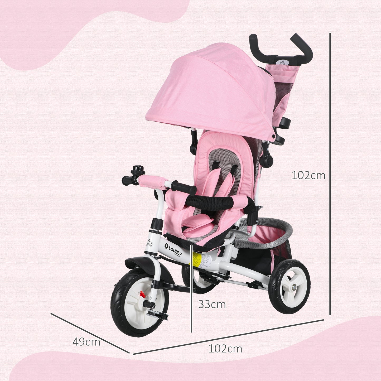 HOMCOM 6 in 1 Kids Trike with Parent Handle, Canopy, 5-point Safety Belt, Storage, Footrest, Brake, for 1-5 Years, Pink