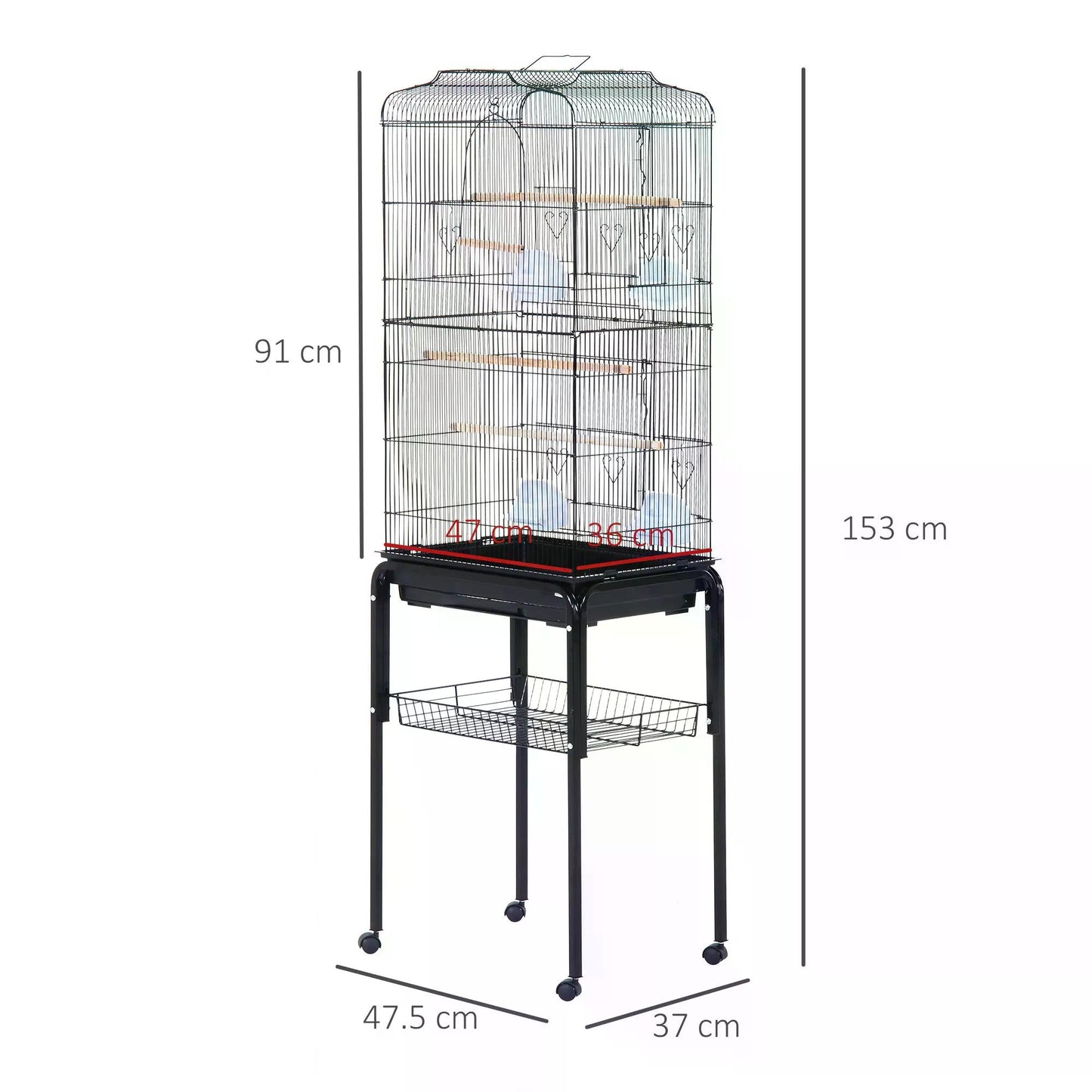 PawHut 153cm Metal Bird Cage Parrot Cage W/Removable Wheels Stand-Black