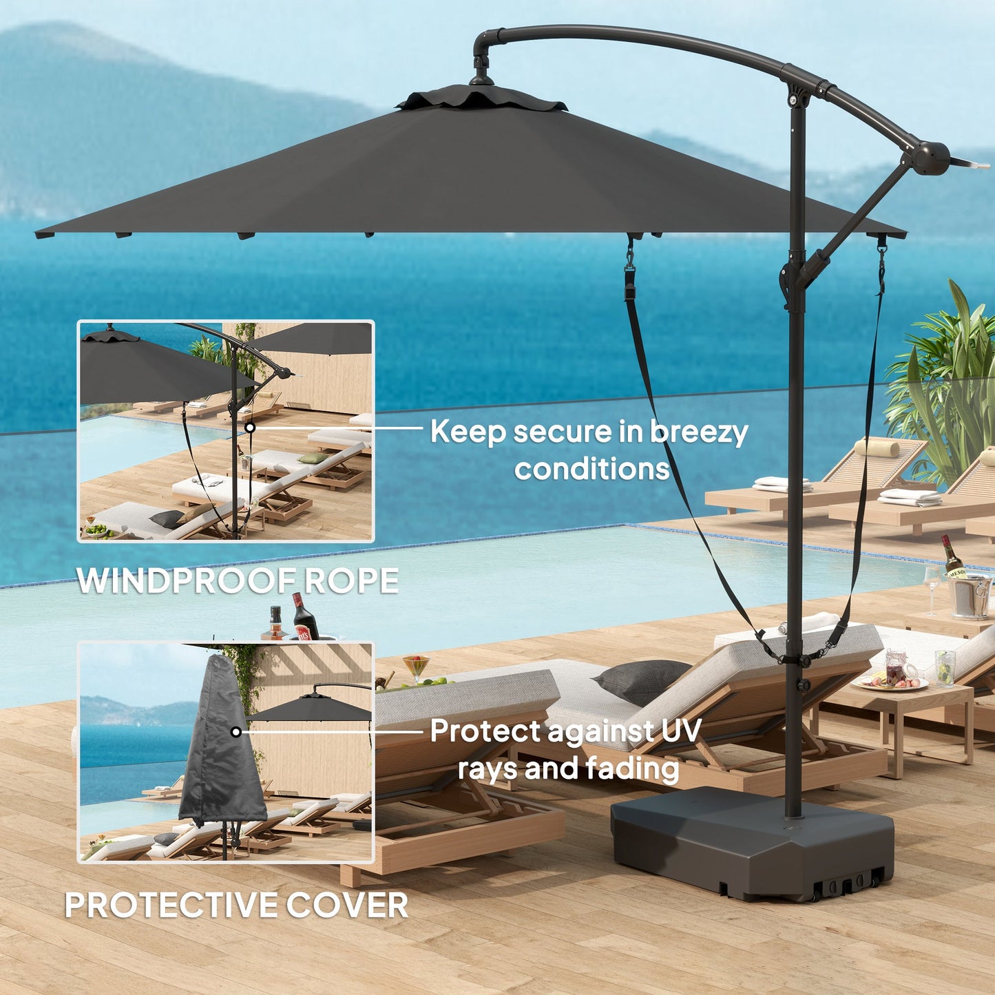 Outsunny 3(m) Garden Cantilever Parasol with Fillable Base, Wind Protection Strap, Cover, Round Banana Hanging Umbrella with Crank Handle and Tilt, Patio Umbrella for Outdoor Sun Shade, UPF50+, Grey