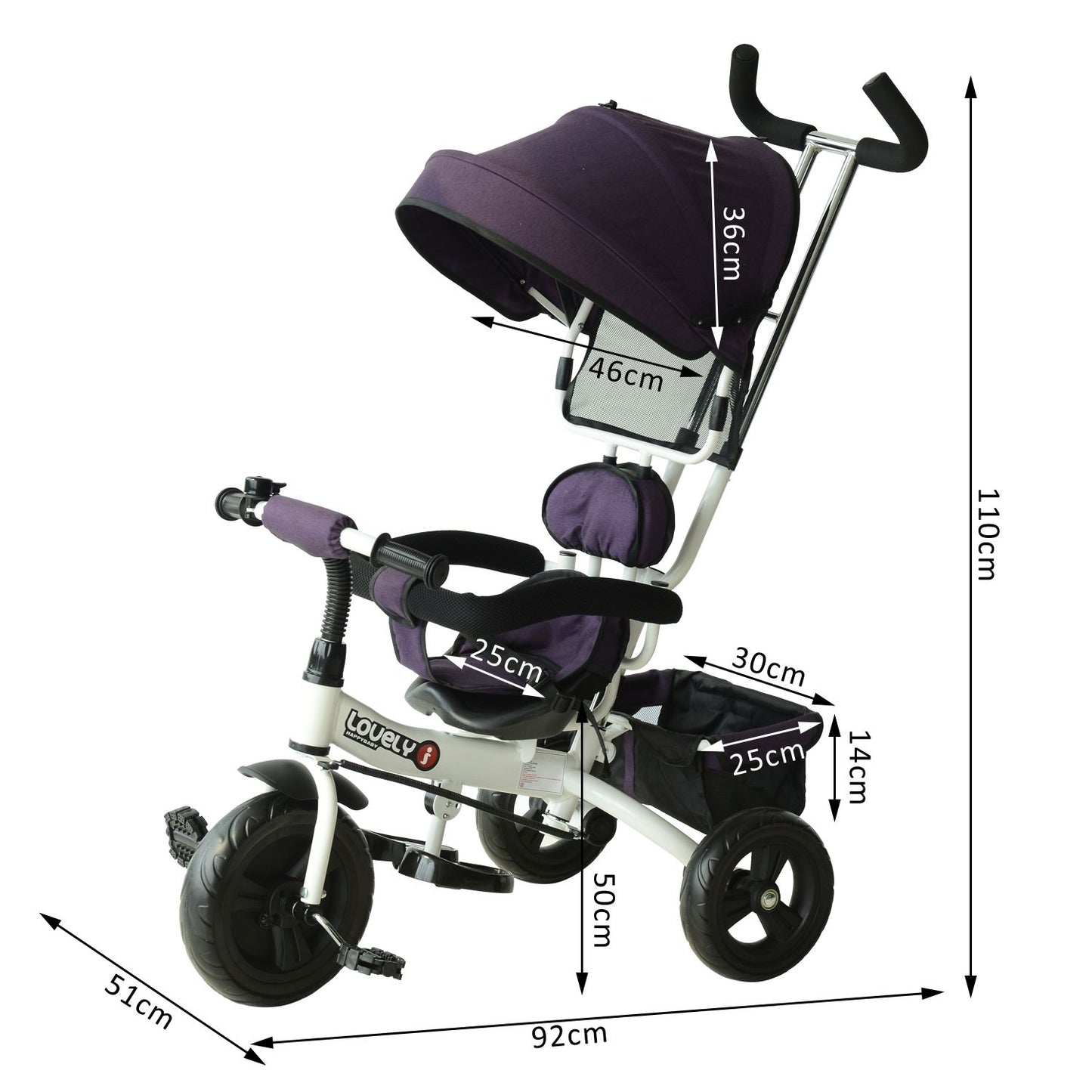 HOMCOM Kids Polyester Sun Canopy Ride-On Tricycle Baby Stroller w/ Handle Purple