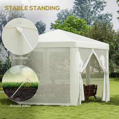 Outsunny 4M Hexagon Gazebo, Netting Party Tent Patio Canopy Outdoor Event Shelter for Activities, Shade Resistant, Cream White