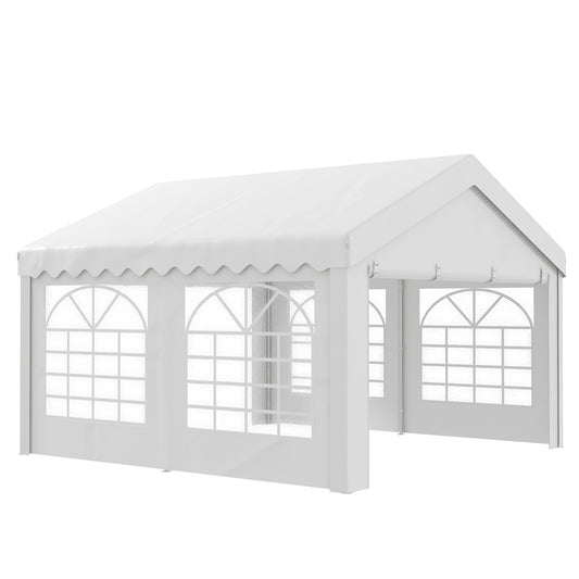 Outsunny 4m x 4m Garden Gazebo Carport Shelter w/ Removable Sidewalls & Doors Party Tent Shelter Car Canopy, White