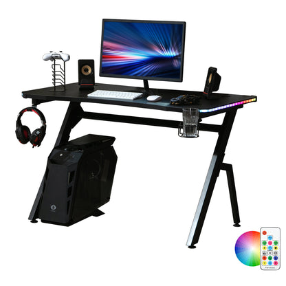 HOMCOM RGB 120 x 66cm Gaming Desk, Computer Table with Carbon Fibre Surface, Headphone Hook, Cup Holder, Controller Rack, Home Office Desk, Black