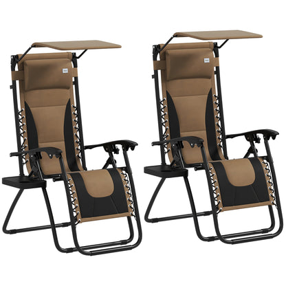 Outsunny Zero Gravity Lounger Chair Set of 2, Folding Reclining Patio Chair with Shade Cover, Cup Holder, Soft Cushion and Headrest for Poolside, Camping, Brown