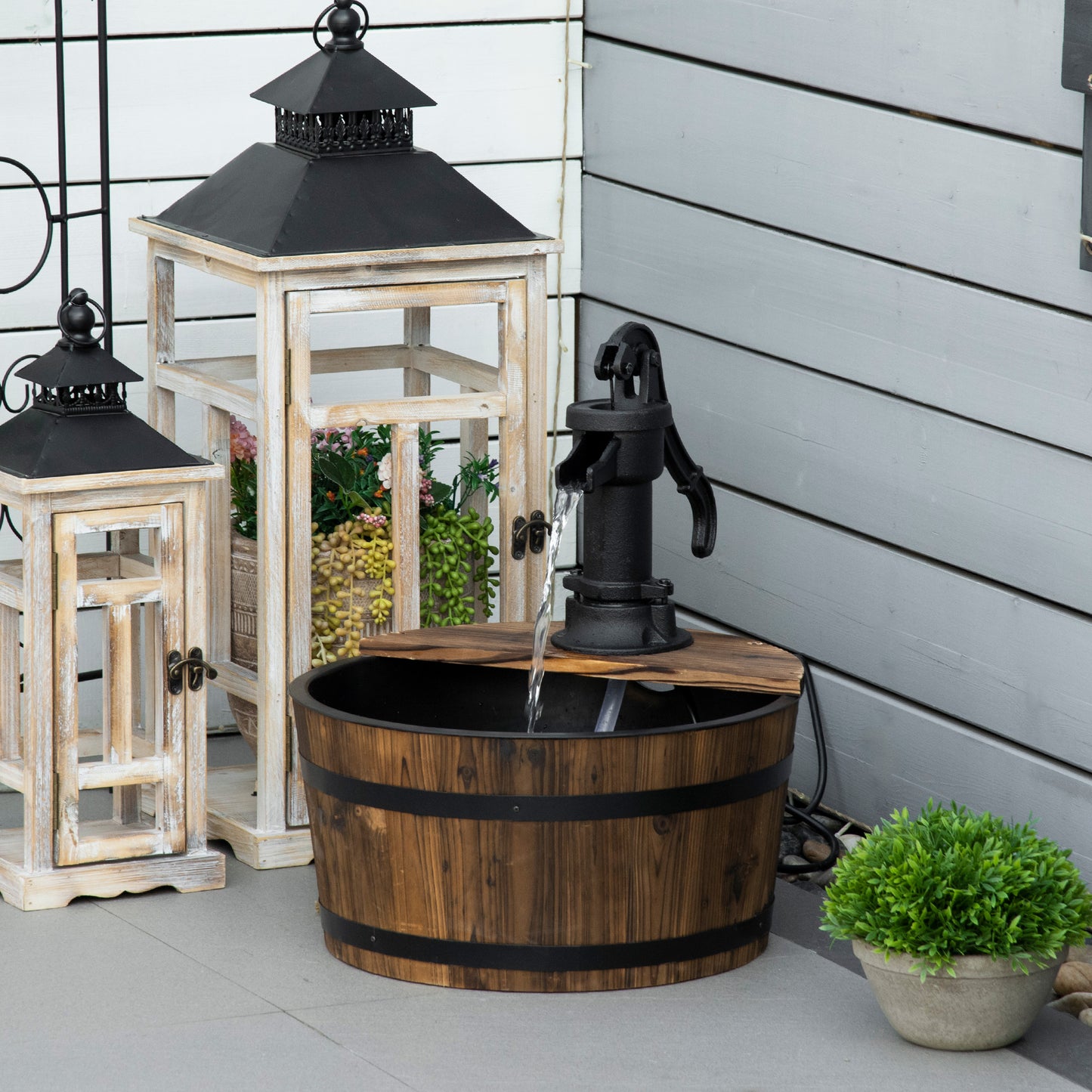 Outsunny Wooden Barrel Water Fountain Outdoor Garden Decorative Water Feature w/ Electric Pump