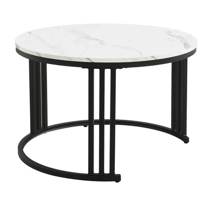 2-in-1 Round Marble Coffee Table Set with Glossy Tops, 2 Drawers, 70x70x46 + 50x50x40 cm, White+Black