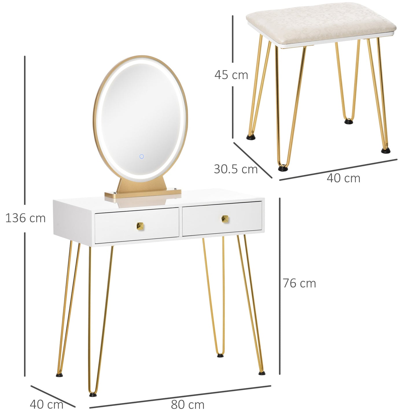 HOMCOM Dressing Table Set with LED Light, Round Mirror, Vanity Makeup Table with 2 Drawers and Cushioned Stool for Bedroom, White