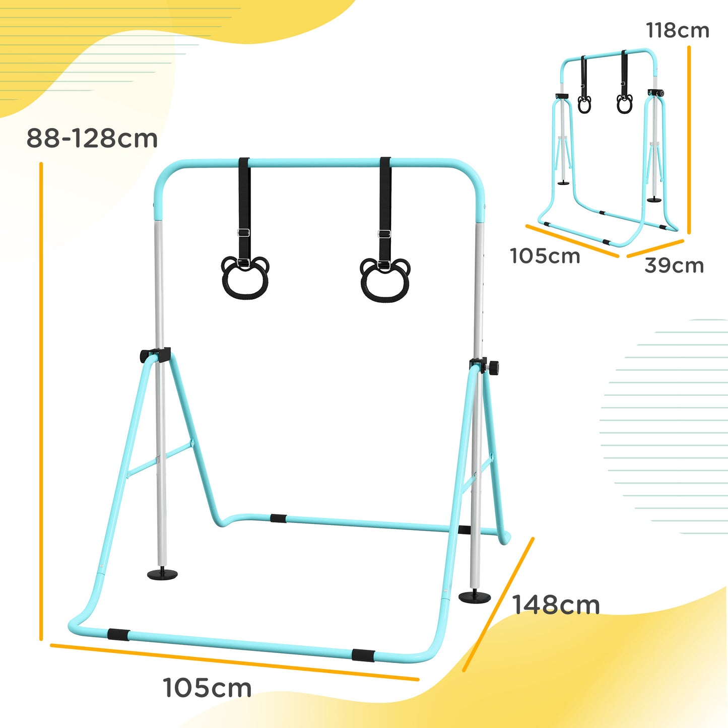 HOMCOM Adjustable Height, Foldable Kids Gymnastics Bar w/ Non-Slip Mats, for 3+ Years, Green