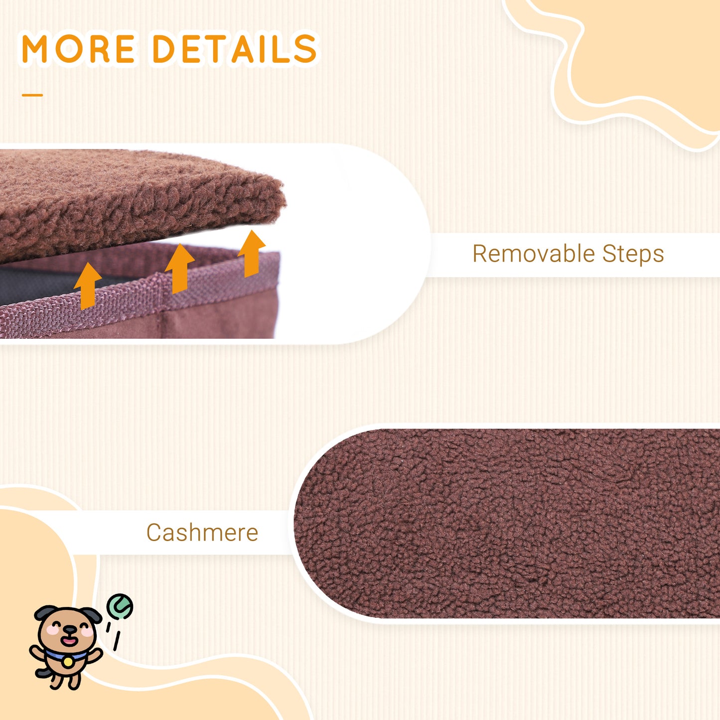 PawHut Pet Stairs Washable Fleece Faux Suede Cover 3 Step Dog Cat Foldable Portable Mobility Assistance 41 x 19cm Brown