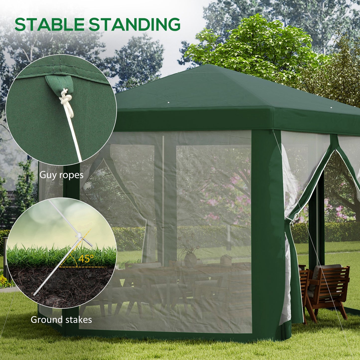 Outsunny 4M Hexagon Gazebo, Netting Party Tent Patio Canopy Outdoor Event Shelter for Activities, Shade Resistant, Green