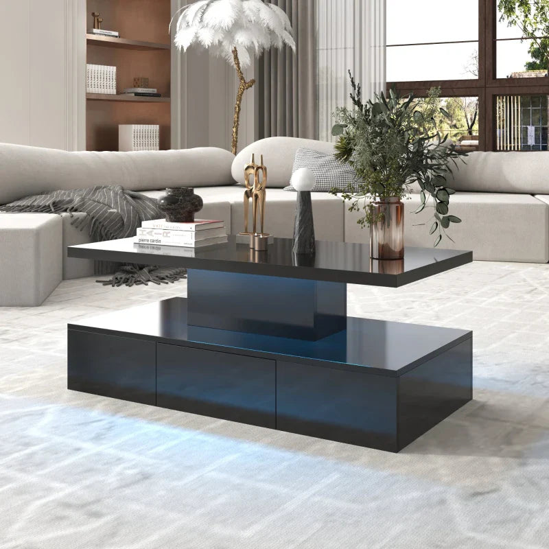 High-Gloss Coffee Table with Drawer, Two Storage Levels and LED Light, 100x50x39 cm, Black