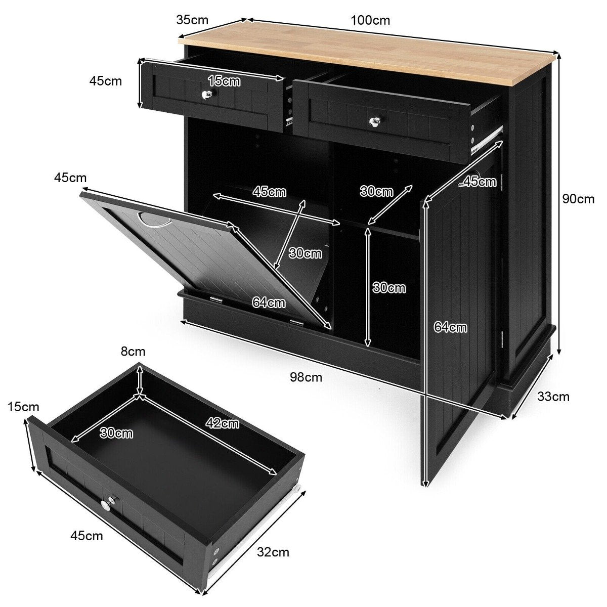 Kitchen Tilt-Out Trash Cabinet with 2 Drawers and Adjustable Shelves-Black