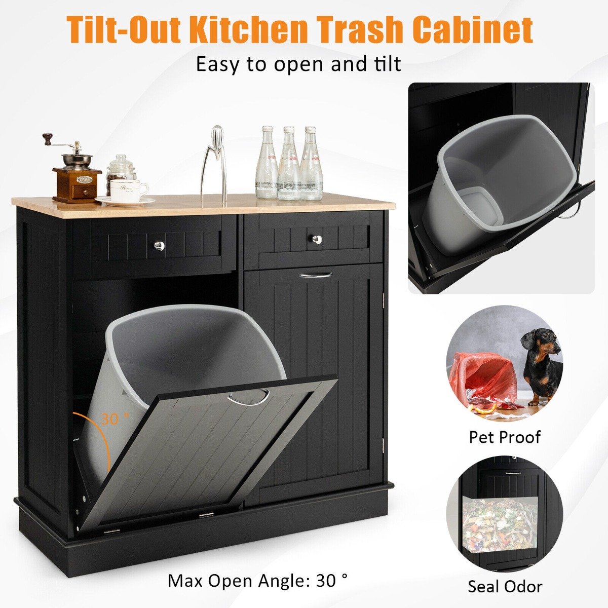 Kitchen Tilt-Out Trash Cabinet with 2 Drawers and Adjustable Shelves-Black