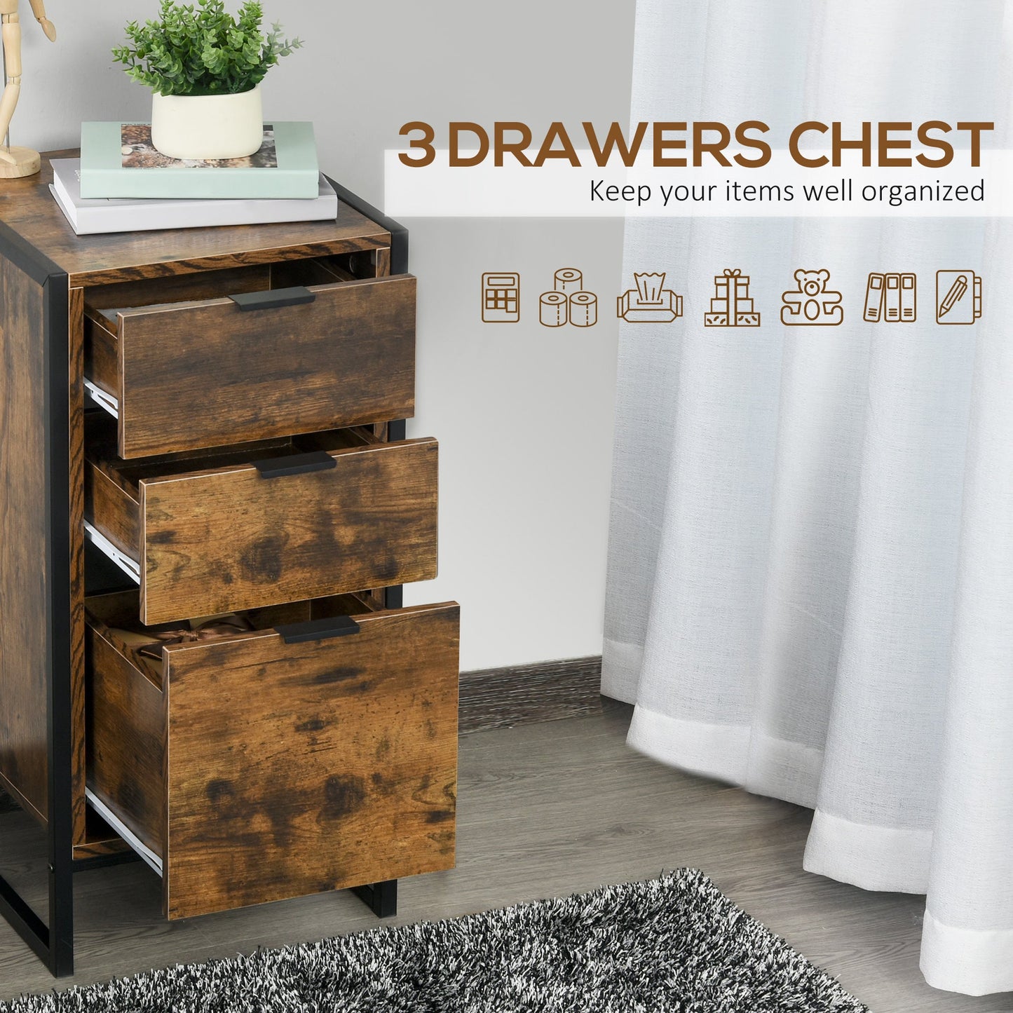 HOMCOM Bedroom Chest of Drawers, Industrial 3-Drawer Dresser, Storage Drawers Unit with Metal Frame for Living Room, Rustic Brown