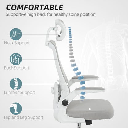 HOMCOM Executive Office Chair, Ergonomic Mesh High Back Desk Chair with Flip-up Armrest, Adjustable Lumbar Support, Rotatable Headrest, Swivel Computer Chair for Home Study, Grey