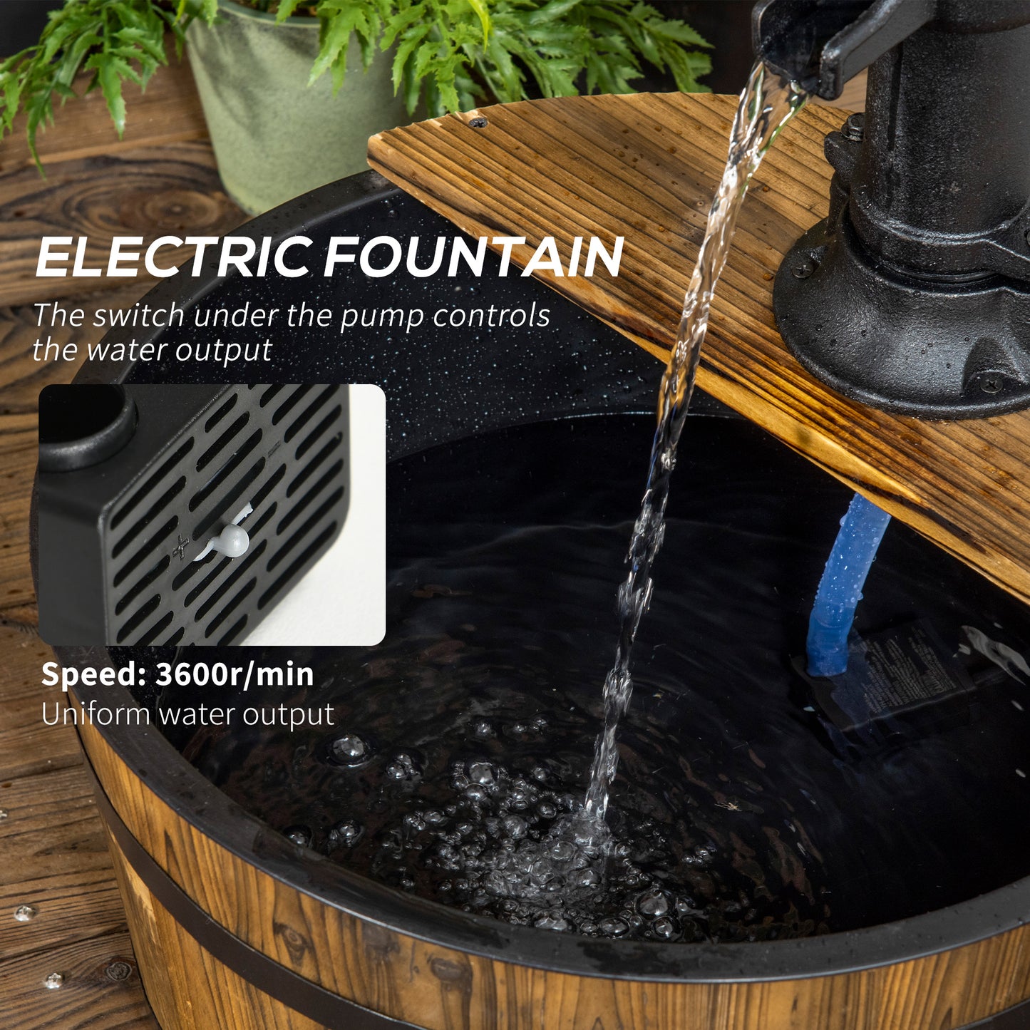 Outsunny Wooden Barrel Water Fountain Outdoor Garden Decorative Water Feature w/ Electric Pump