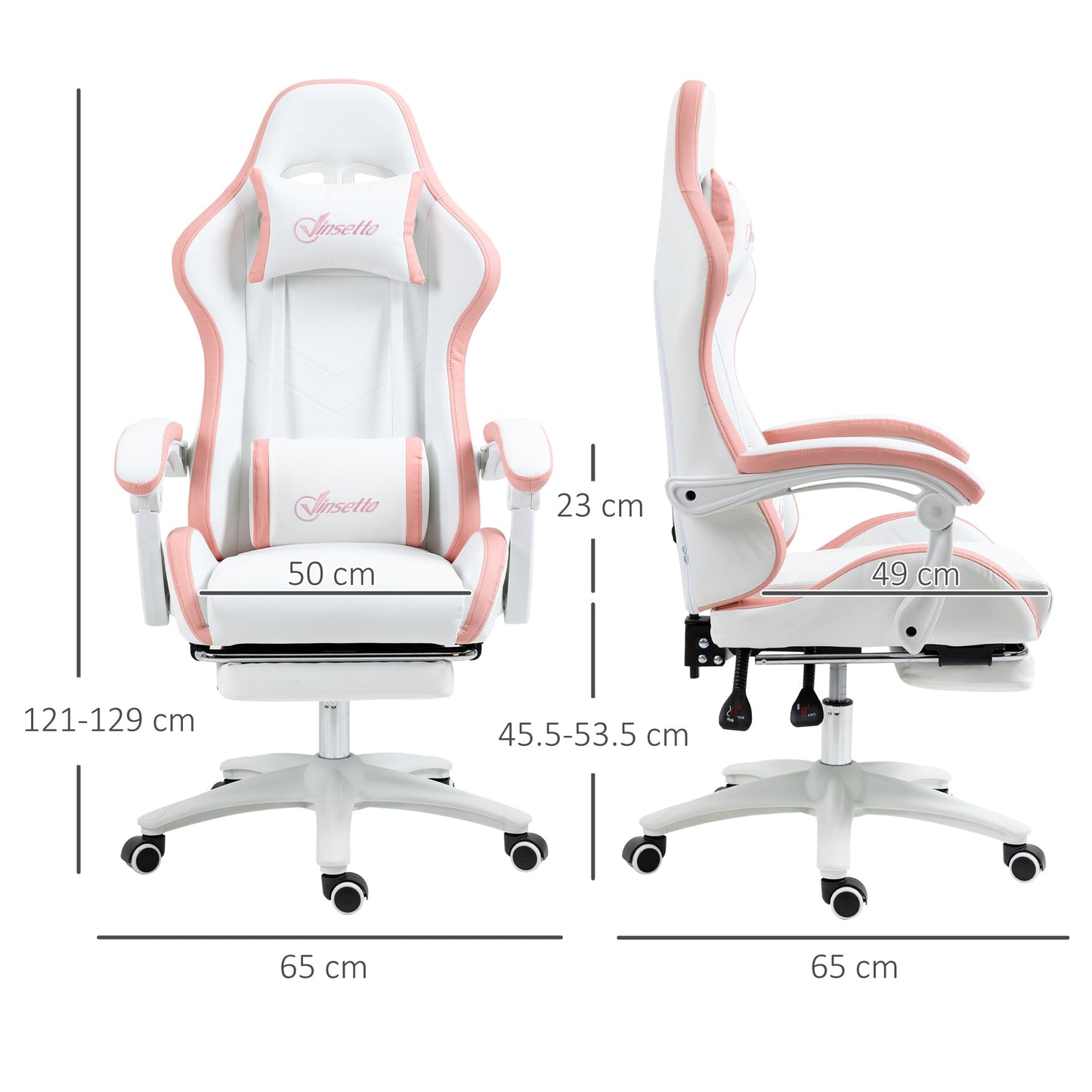 Vinsetto Computer Gaming Chair, PU Leather Desk Chair with Footrest, Swivel Task Chair with 135√Ç¬∞ Reclining Back and Lumbar Support, PC Chair for Adults, White and Pink