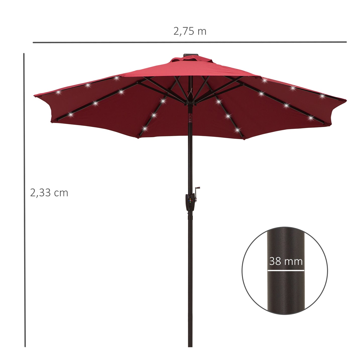 Outsunny √é¬¶2.7m Garden 24 LED Light Parasol Solar Outdoor Tilt Sun Umbrella Patio Club Party Event Manual Sun Shade w/ Hand Crank and 8 Ribs, Red