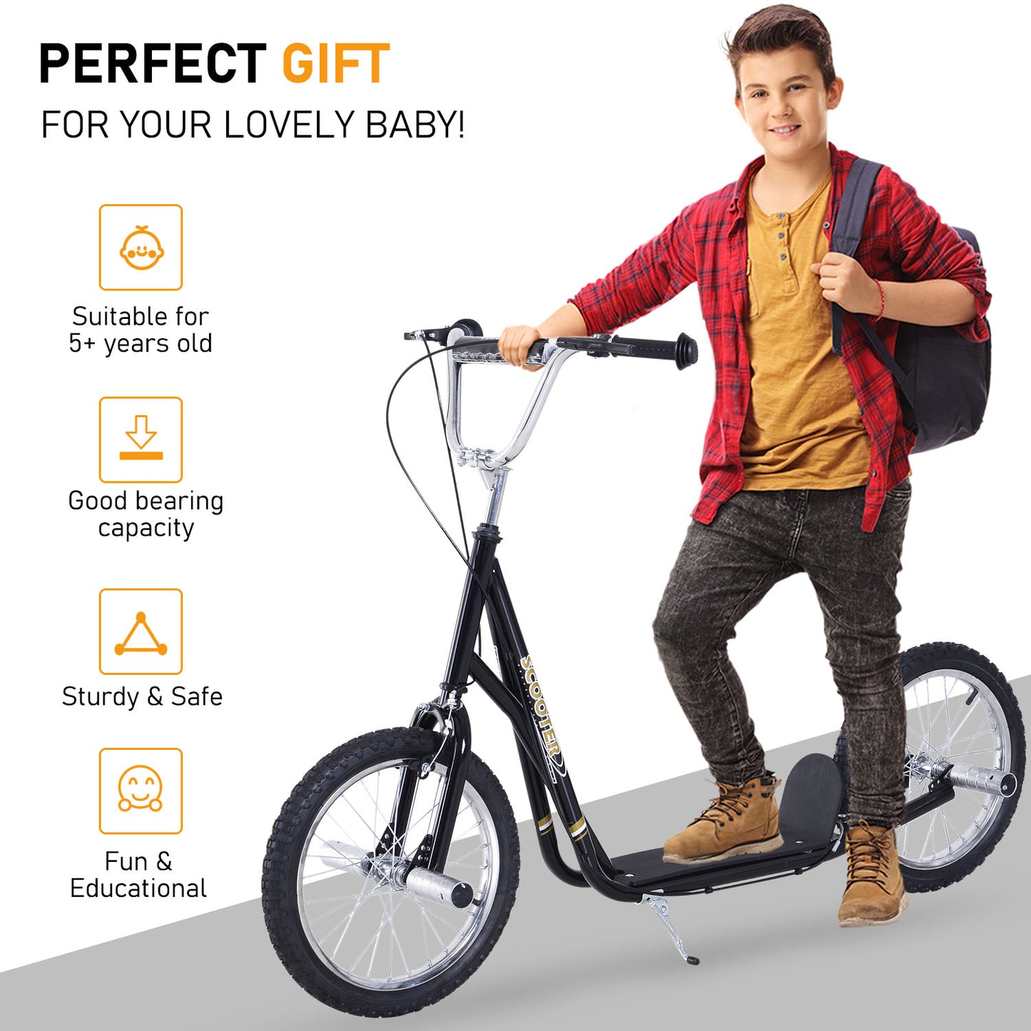 HOMCOM Youth Scooter Adult Teen Push Scooter Kids Children Stunt Scooter Bike Bicycle Ride On 16" Pneumatic Tyres (Black)