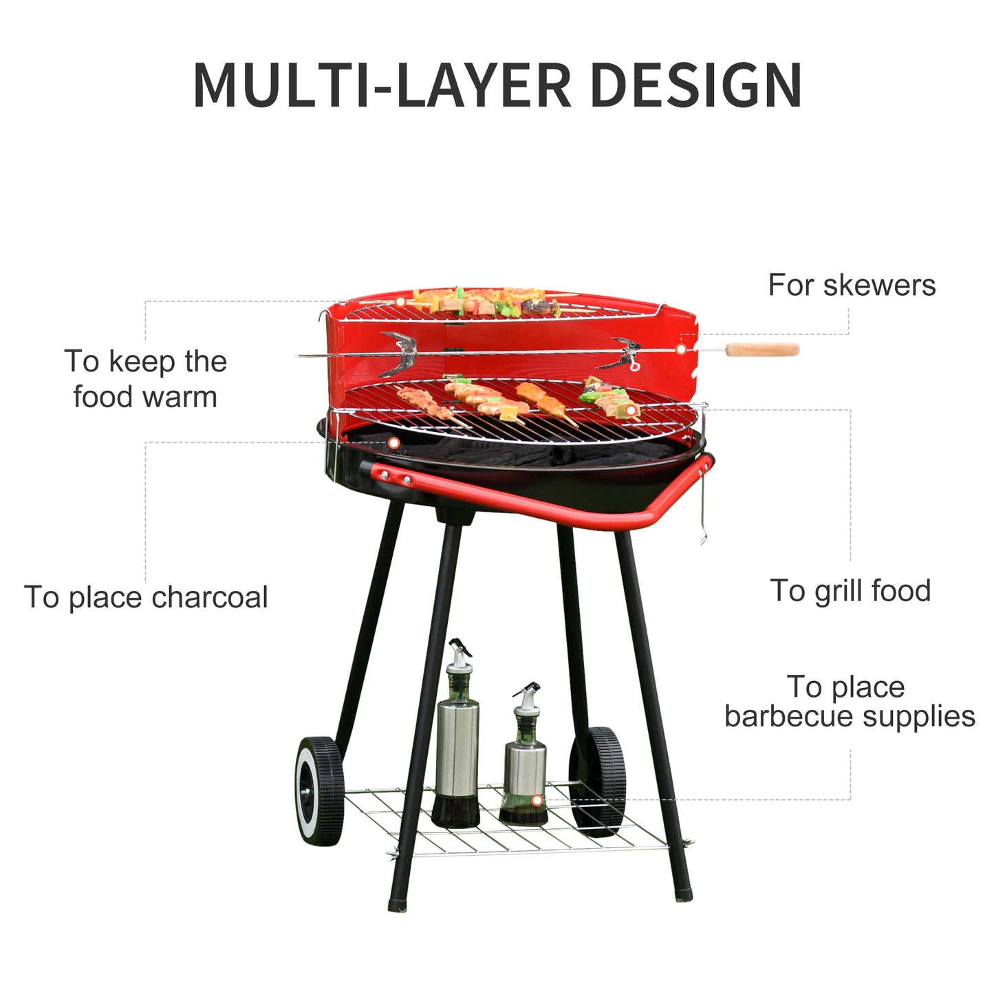 Outsunny Charcoal Outdoor Barbecue Grill, 2 Wheels, size (75.5H x 50L x 82W cm)-Red/Black